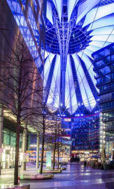 BERLIN, GERMANY, MARCH 12, 2015: Sony building complex in german berlin near potzdamer platz is highly futuristic looking architectonical masterpiece.