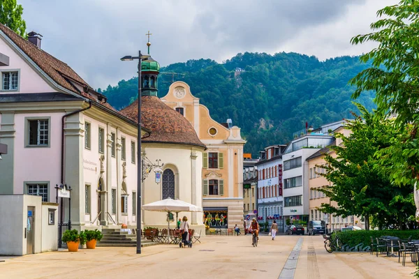 Bregenz Austria July 2016 People Strolling Kornmarktplatz Street Chapel Saint — Stock Fotó