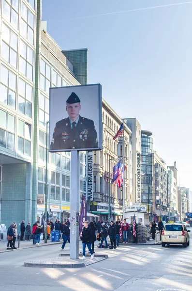 Berlin Germany March 2015 People Admiring Famous Checkpoint Charlie Which — стоковое фото