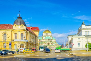 SOFIA, BULGARIA, NOVEMBER 17, 2014: View of the national assembly and Alexander nevski cathedral in Sofia, Bulgaria