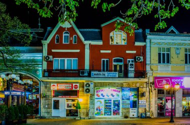 RUSE, BULGARIA, MARCH 25, 2015: night view of illuminated street in city center of the 5th biggest bulgaria town ruse - rousse.