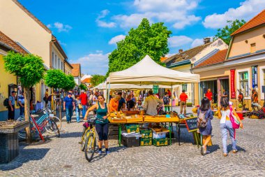 SZENTENDRE, HUNGARY 22 Mayıs 2016: Macaristan 'ın Szentendre kasabasında insanlar vızıldayan bir sokakta yürüyor