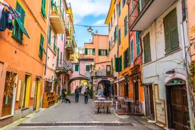 MONTEROSSO, ITALY, MARCH 13, 2016: view of a narrow street waiting for tourists to come in monterosso al mare, cinque terre, italy.