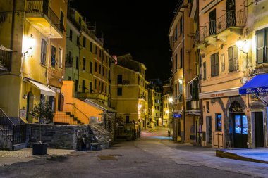 VERNAZA, ITALY, 13 Mart 2016: İtalyan köyü vernazzasının ana caddesinin gece görüşü.