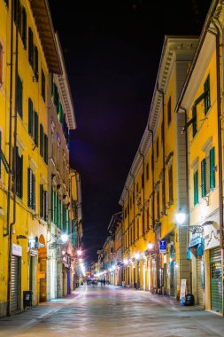 PISA, İtalya, 14 Mart 2016: İtalyan şehri Pisa 'daki aydınlık Corlevard İtalya' nın gece görüşü.