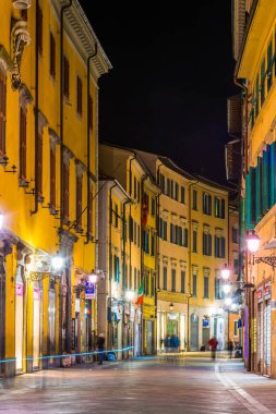 PISA, İtalya, 14 Mart 2016: İtalyan şehri Pisa 'daki aydınlık Corlevard İtalya' nın gece görüşü.