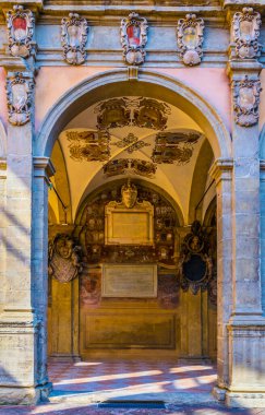 BOLOGNA, ITALY, MARCH 17, 2016: view of a decorative arcade of the teatro anatomico in the italian city Bologna.