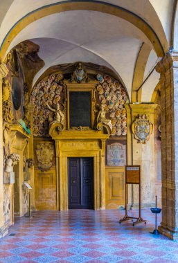 BOLOGNA, ITALY, MARCH 17, 2016: view of a decorative arcade of the teatro anatomico in the italian city Bologna.