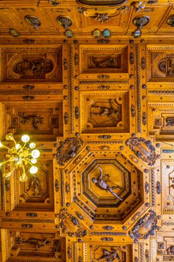 BOLOGNA, İtalya, 17 Mart 2016: İtalya 'nın Bologna kentindeki teatro anatomico' nun dekoratif tavan manzarası.