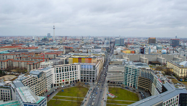 BERLIN, GERMANY, MARCH 12, 2015: aerial view of berlin with the most striking monuments like fernsehturm and berlin cathedral