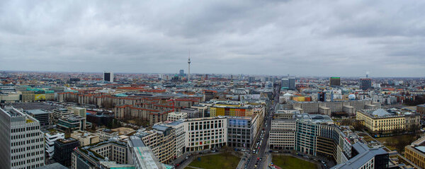 BERLIN, GERMANY, MARCH 12, 2015: aerial view of berlin with the most striking monuments like fernsehturm and berlin cathedral