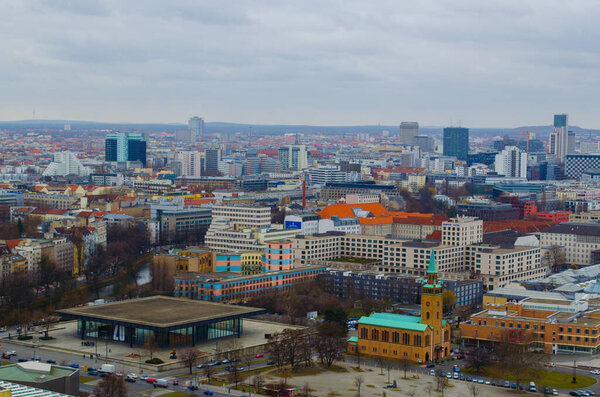 BERLIN, GERMANY, MARCH 12, 2015: aerial view of berlin towards skyscrapers of kurfirstendamm business district and saint matthaus church.