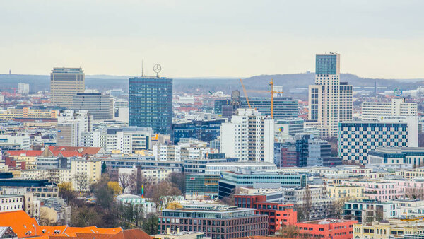 BERLIN, GERMANY, MARCH 12, 2015: aerial view of berlin towards skyscrapers of kurfirstendamm business district
