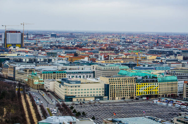 BERLIN, GERMANY, MARCH 12, 2015: aerial view of berlin with brandenburger tor, holocaust memorial and reichstag building.