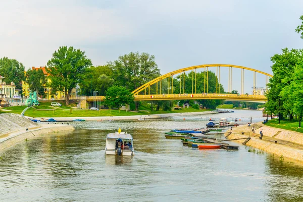 Gyor Hungary May 2016 Tour Boat Driving Tourists Raba River — стоковое фото