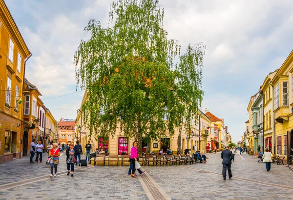 GYOR, HUNGARY 20 Mayıs 2016: Macaristan 'ın eski kentinde insanlar dar bir sokakta yürüyorlar.