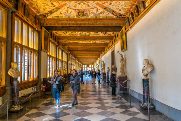 FLORENCE, ITALY, MARCH 15, 2016: Detail of a corridor at the uffizi gallery in florence