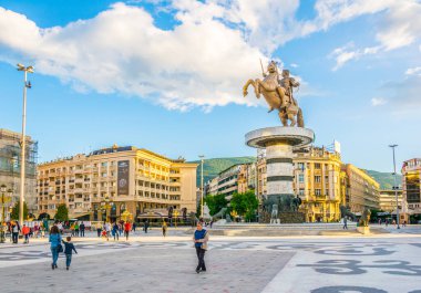 SKOPJE, MACEDONIA, MAY 14, 2016: View of teh Macedonia square dominated by statue of alexander the great in skopje.