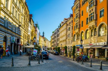 MUNICH, GERMANY, AUGUST 20, 2015: People are walking though sendlinger street towards sendlinger gate in Munich at the Evening, Germany