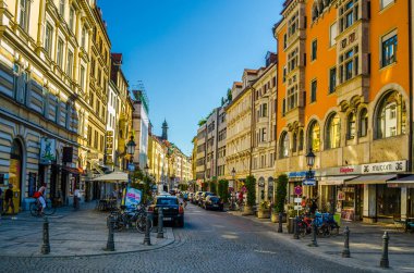 MUNICH, GERMANY, AUGUST 20, 2015: People are walking though sendlinger street towards sendlinger gate in Munich at the Evening, Germany