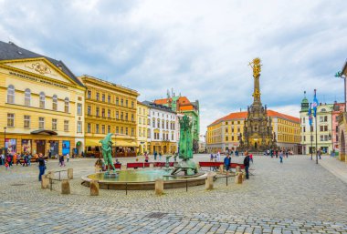 OLOMOUC, CZECH REPUBLIC, APRIL 16, 2016: View of the upper square in the czech city olomouc dominated by the holy trinity column enlisted in the unseco world heritage list.