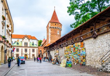 KRAKOW, POLAND, 11 AĞUSTOS 2016: İnsanlar Polonya 'nın eski Krakow / Krakow kentinin tarihi kalesi altında sergilenen bir sokak sanatçısının çalışmalarına hayran..