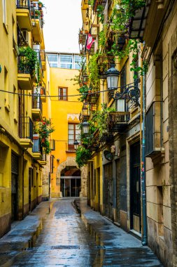 VALENCIA, İspanya, 30 ARALIK 2015: İspanya 'nın tarihi merkezi Valencia' da yer alan dar bir caddenin manzarası