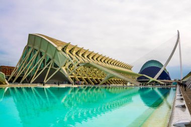 VALENCIA, İspanya, 31 ARALIK 2015: Santiago Calatrava tarafından tasarlanan sanat ve bilim şehri mimari arka planda agora binası ile