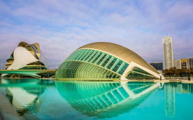 VALENCIA, İspanya, 31 Aralık 2015: İspanya Valencia 'da Hemisferic ile birlikte Palau de les arts reina sofia konser salonunun manzarası