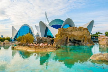 VALENCIA, İspanya, 31 Aralık 2015 L 'Oşinografi Merkezi. Valencia 'daki Sanat ve Bilim Şehri' ndeki Akvaryum yunus gösterisi ve diğer etkinlikler için her gün ziyaretçilerin akvaryumunu çeker..