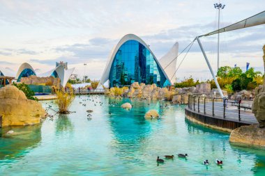 VALENCIA, İspanya, 31 Aralık 2015 L 'Oşinografi Merkezi. Valencia 'daki Sanat ve Bilim Şehri' ndeki Akvaryum yunus gösterisi ve diğer etkinlikler için her gün ziyaretçilerin akvaryumunu çeker..