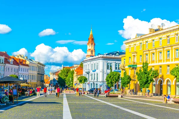 VILNIUS, LITHUANIA, 14 AĞUSTOS 2016: Litvanya 'nın başkenti Vilnius, Litvanya' nın şehir meydanı olan Rotus Aikste 'de insanlar geziniyor
