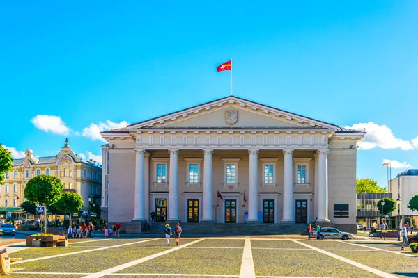 VILNIUS, Litvanya, 14 AĞUSTOS 2016: Litvanya 'nın başkenti Vilnius, Litvanya' nın belediye binasının önündeler