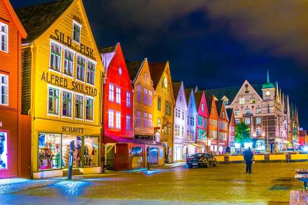 Bergen Norway August 2016 Night View Historical Wooden District Bryggen — Stock Photo, Image