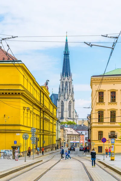 OLOMOUC, CZECH REPUBLIC, 16 Nisan 2016: Çeçenistan 'ın merkezindeki Olomouc Katedrali' nin sonunda Aziz Wencelas Katedrali 'nin görüntüsü.