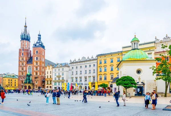KRAKOW, POLAND, HAZİRAN 11 AĞUSTOS 2016: St. Mary Kilisesi ve Krakow / Krakow kentindeki Saint Adalbert Kilisesi 'nin bulunduğu Rynek parlayan ana meydanı panoraması.