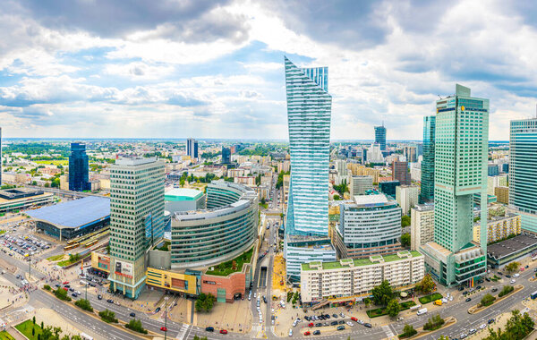 WARSAW, POLAND, AUGUST 12, 2016: Aerial view of a business center in the polish capital warsaw.