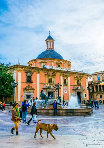 VALENCIA, İspanya, 30 ARALIK 2015. Bakire Bazilikası önündeki turistler (Gerçek Bazilika De Nuestra Senora De Los Desamparados)