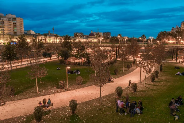 VALENCIA, SPAIN, 30 ARALIK 2015: Gençlik grupları dinlenmek ve rahatlamak için İspanya 'nın Valencia kentindeki turia bahçelerinde gece boyu toplanıyorlar..