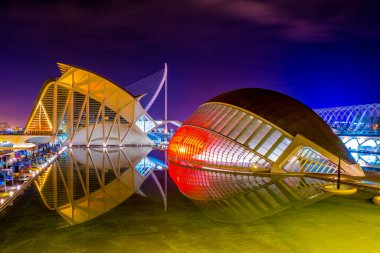 VALENCIA, SPAIN, 31 Aralık 2015: Valencia, İspanya 'da gece boyunca IMAX 3D sinema ve gökevi (Ciudad de las artes y de las ciencias)