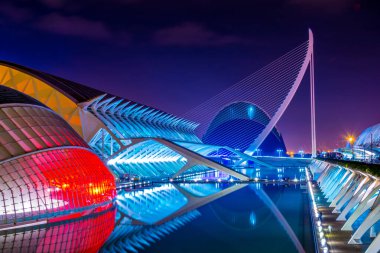 VALENCIA, SPAIN, 31 Aralık 2015: Valencia, İspanya 'da gece boyunca IMAX 3D sinema ve gökevi (Ciudad de las artes y de las ciencias)