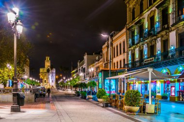 SEVILLA, SPAIN, JANUARY 7, 2016: Sevilla 'nın şehir merkezinde aydınlık Torre de Oro ile dolu bir caddenin gece görüşü