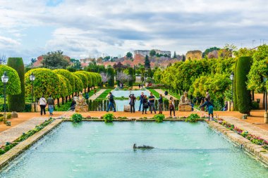 CORDOBA, SPAIN, HAZİRAN 8 HAZİRAN 2016: İnsanlar İspanya 'nın Cordoba kentindeki Cristian krallarının kraliyet sarayı olan alcazar de los reyes cristianos' un güzel bahçelerine hayran.