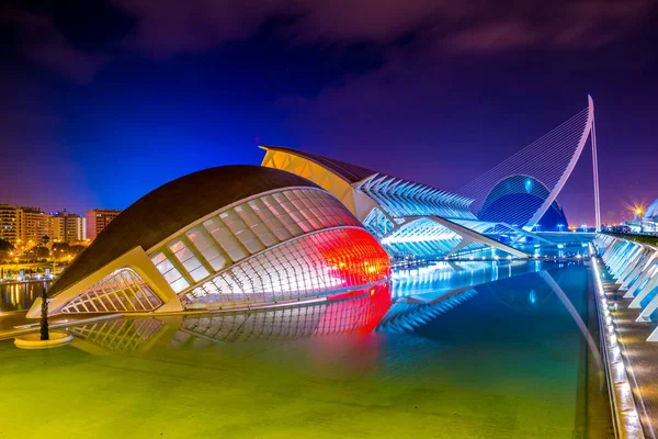 VALENCIA, SPAIN, 31 Aralık 2015: Valencia, İspanya 'da gece boyunca IMAX 3D sinema ve gökevi (Ciudad de las artes y de las ciencias)