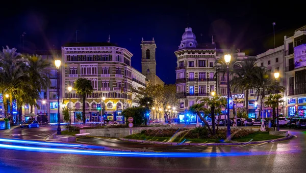 Valencia Hiszpania Grudzień 2015 Widok Plac Reina Walencji Nocy Zimie — Zdjęcie stockowe