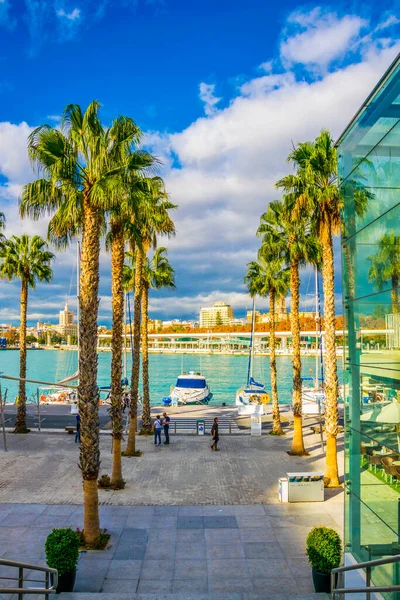 MALAGA, SPAIN, JANUARY 4, 2016: İspanya 'nın Malaga limanındaki marinayla çevrili bir gezinti alanında insanlar yürüyor.