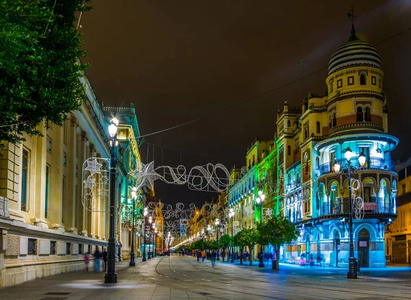 Sevilla Spain January 2016 Night View Adriatica Building Situated Avenide — Stock Photo, Image