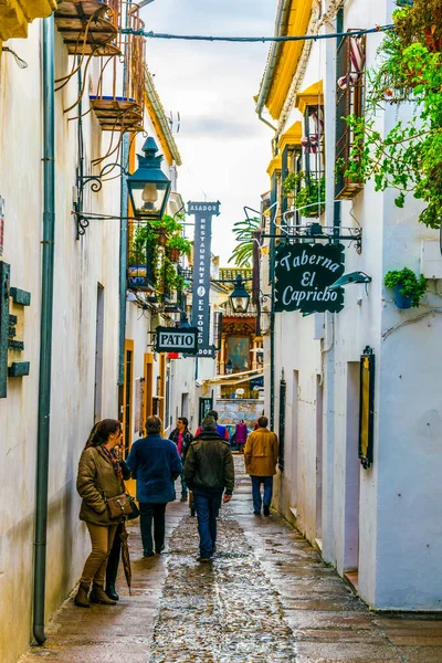 CORDOBA, SPAIN, HAZİRAN 8 HAZİRAN 2016: İspanya 'nın Cordoba kentinin Yahudi mahallesinin beyazlatılmış caddelerinde insanlar geziniyor