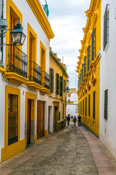 CORDOBA, SPAIN, HAZİRAN 8 HAZİRAN 2016: İspanya 'nın Cordoba kentinin Yahudi mahallesinin beyazlatılmış caddelerinde insanlar geziniyor