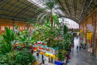 MADRID, SPAIN, HAZİRAN 10 HAZİRAN 2016: Madrid 'deki Atocha Tren İstasyonu' nda bulunan tropik yeşil ev.